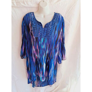 Catherines crinkle blue artsy bohemian embroidered crochet Blouse, 0X,